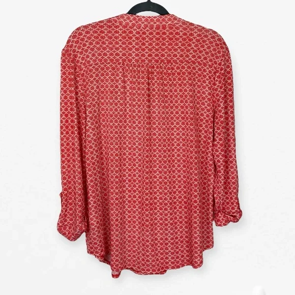 Westport Mandarin Collar V-neck with butt accent reddish Orange flowy blouse L - Picture 6 of 10